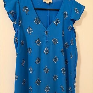 LOFT Bright Blue Floral V-Neck Button Front Blouse | Petite XXS